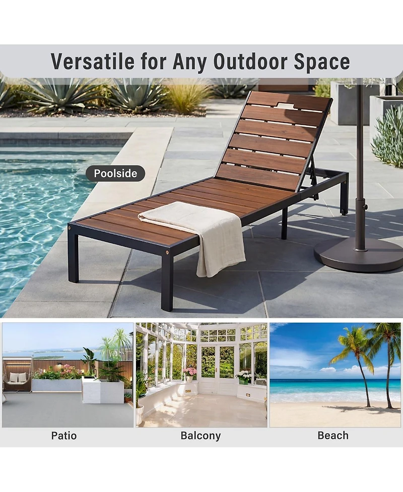 Asagikoiai 6-Position Outdoor Acacia Wood Chaise Lounge Chair with Adjustable Backrest