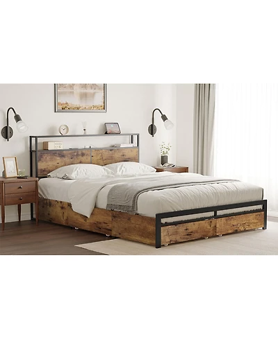 Hausource Queen Platform Bed Frame With Headboard, Drawers and Outlets, Rustic Brown