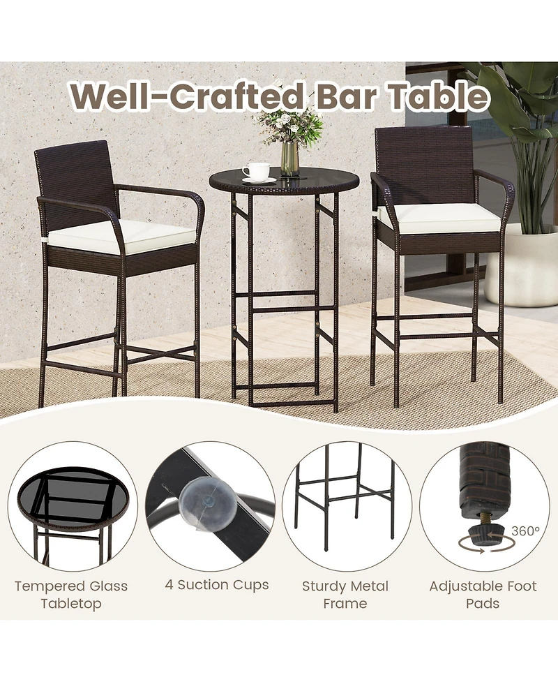 Gymax Set of 3 Outdoor Bar Set Heavy-Duty Metal Barstool and Table Set with Glass Tabletop