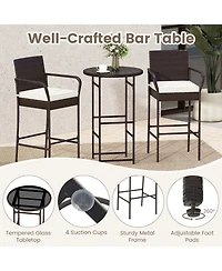 Gymax Set of 3 Outdoor Bar Set Heavy-Duty Metal Barstool and Table Set with Glass Tabletop