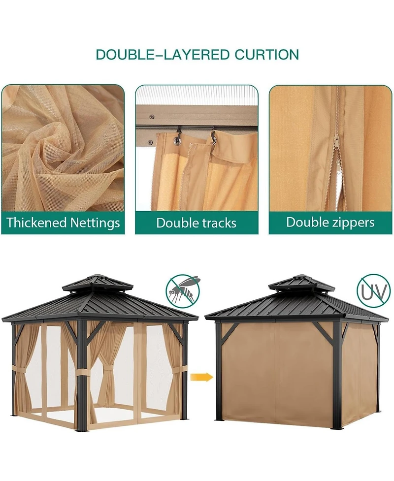 gaomon 10inch x 10inch Hardtop Gazebo, Outdoor Permanent Gazebo with Galvanized Steel Double Roof, Aluminum Frame, Netting and Curtains for Patio
