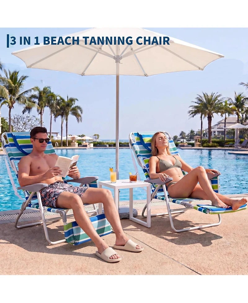 gaomon 2 Packs Outdoor 3-in-1 Beach Chair, Folding Tanning Lounger with Face Hole