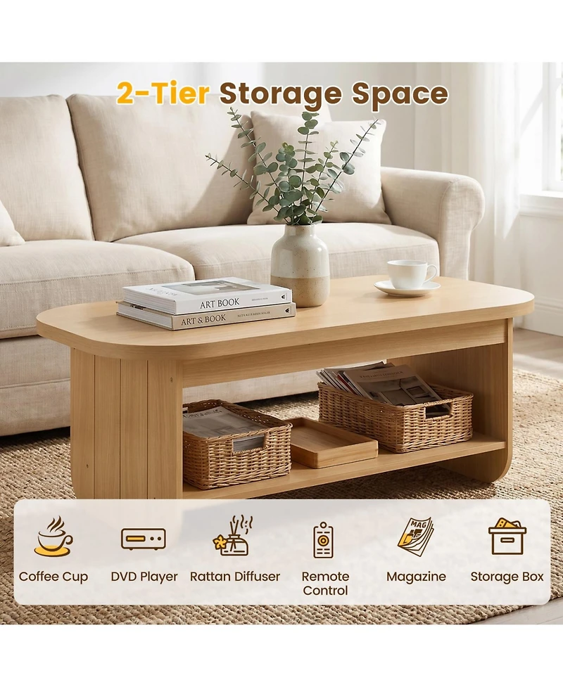 Slickblue 2-Tier Oval Coffee Table Mid Century Living Room with Storage Shelf