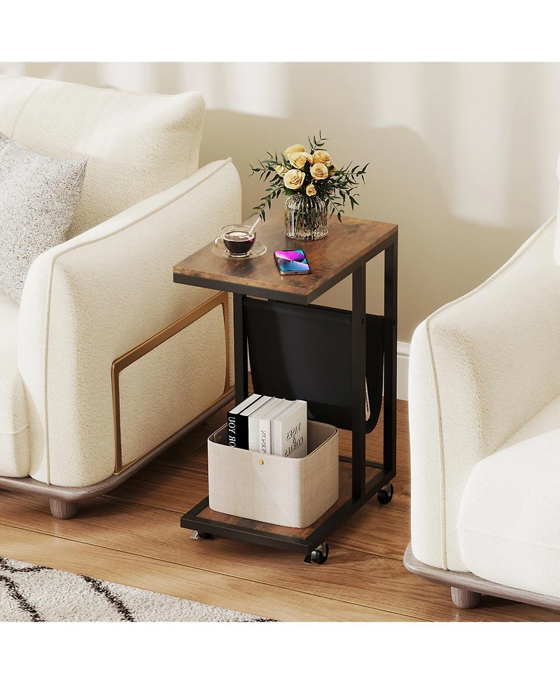 Slickblue Metal Frame C-Shaped Side Table with Canvas Pocket for Living Room