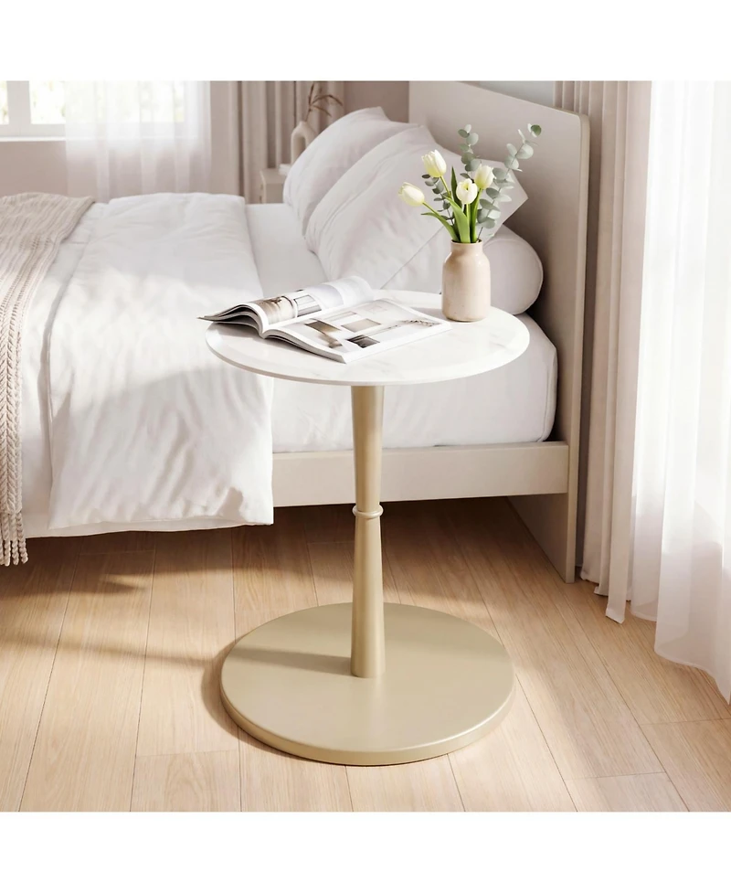 Slickblue Wooden Base Round Table with Marble Top for Small Space Decor
