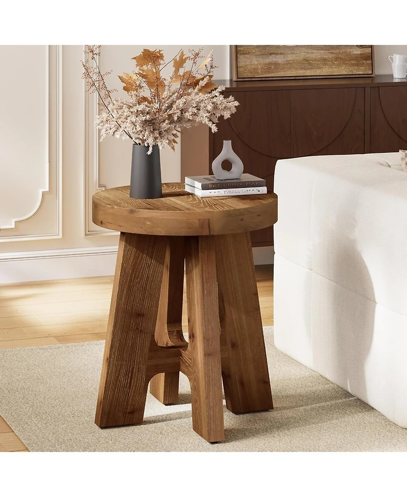 Tribesigns Solid Wood End Table, Farmhouse Round Side Table for Couch, Rustic Side Table with Heavy-Duty Legs, Small Bedside Table