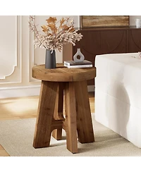 Tribesigns Solid Wood End Table, Farmhouse Round Side Table for Couch, Rustic Side Table with Heavy-Duty Legs, Small Bedside Table