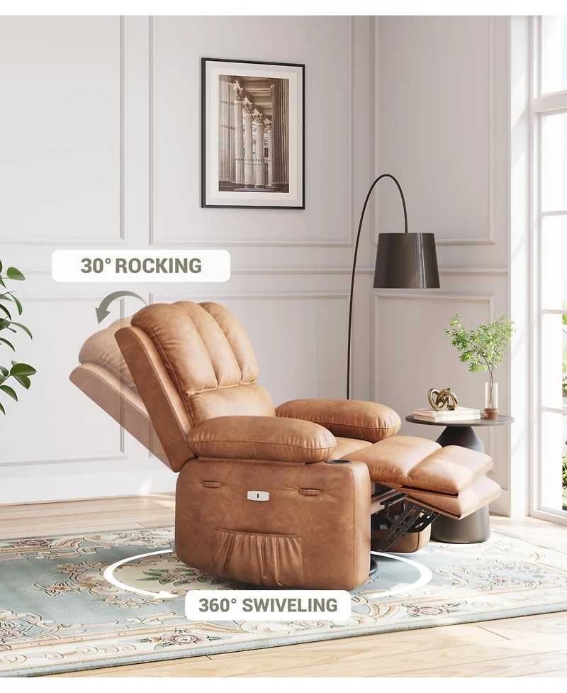 homfan Power Recliner Chair with Massage, Pu Leather Motorized Lounge Chair, 22" Wide Seat, Usb Charging and Cup Holders, Living Room