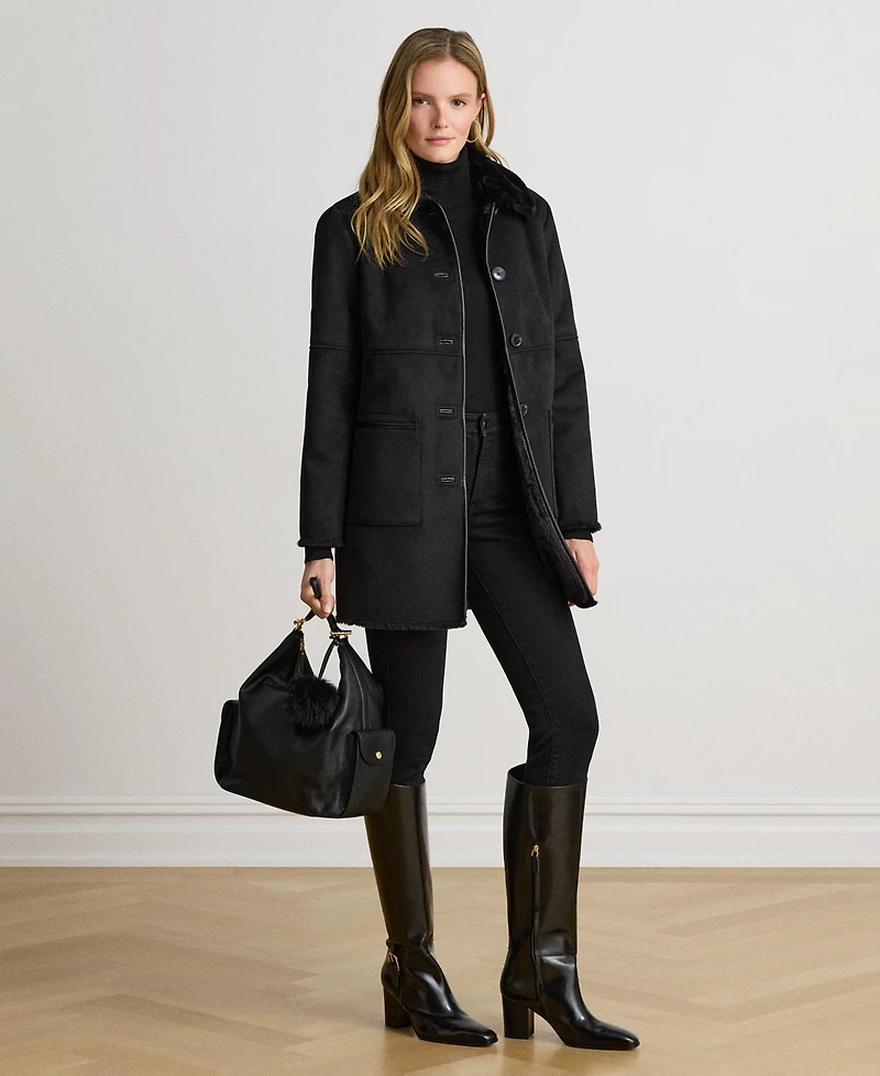 Lauren Ralph Women's Shearling Coat with Fur Collar