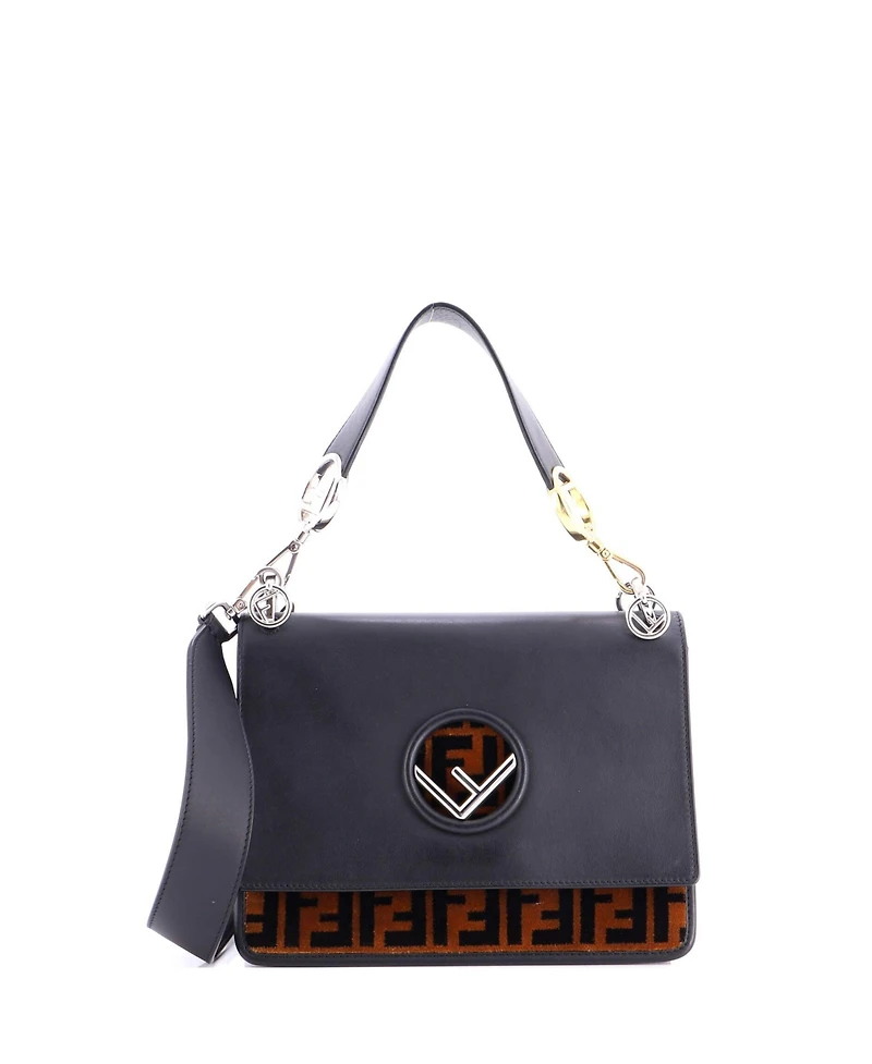 Pre-Owned Fendi Medium Kan I F Shoulder Bag Leather and Zucca Velvet