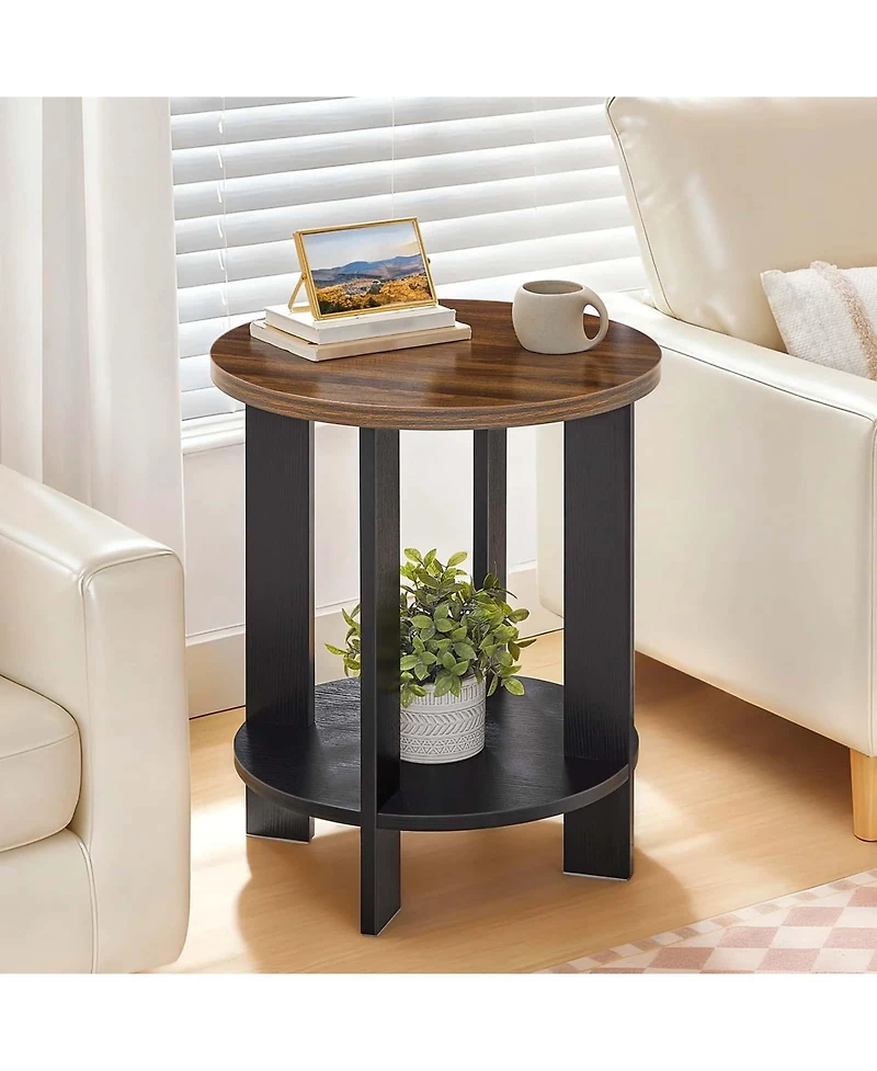 Slickblue Farmhouse End Table with Two-Tier Storage Shelf and Round Design