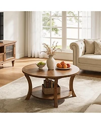 Tribesigns 31.5" Round Solid Wood Coffee Table with Storage Shelf, Farmhouse Circle Center Table for Living Room