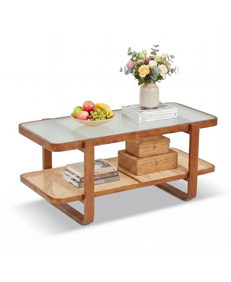 Slickblue Living Room Rattan Coffee Table with Glass Top and Lower Storage Shelf