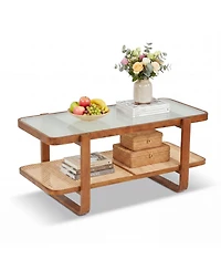 Slickblue Living Room Rattan Coffee Table with Glass Top and Lower Storage Shelf
