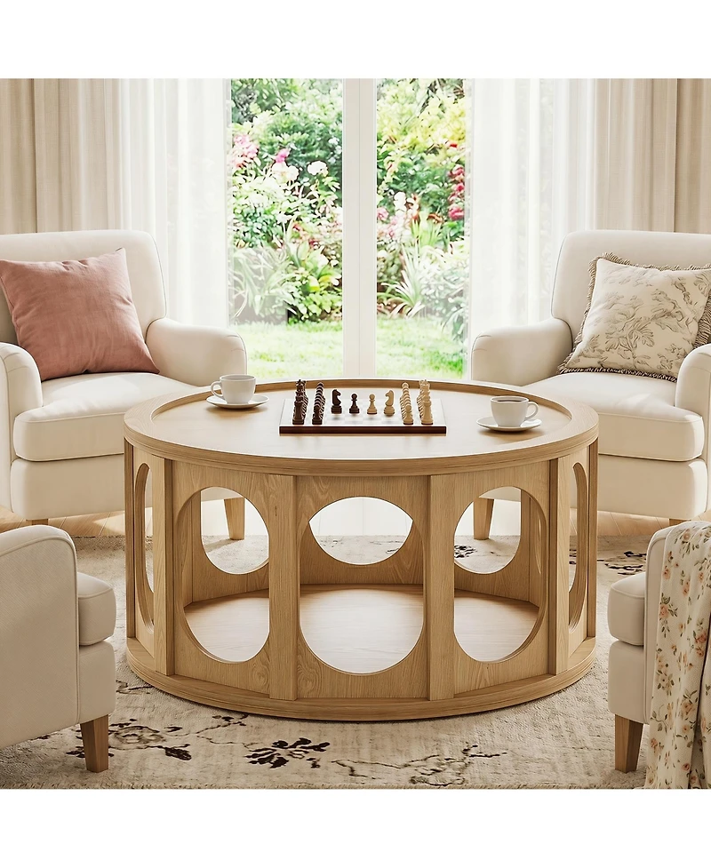 Tribesigns 31.5" Modern Round Coffee Table with Open Storage Shelf, Wood Grain Center Table