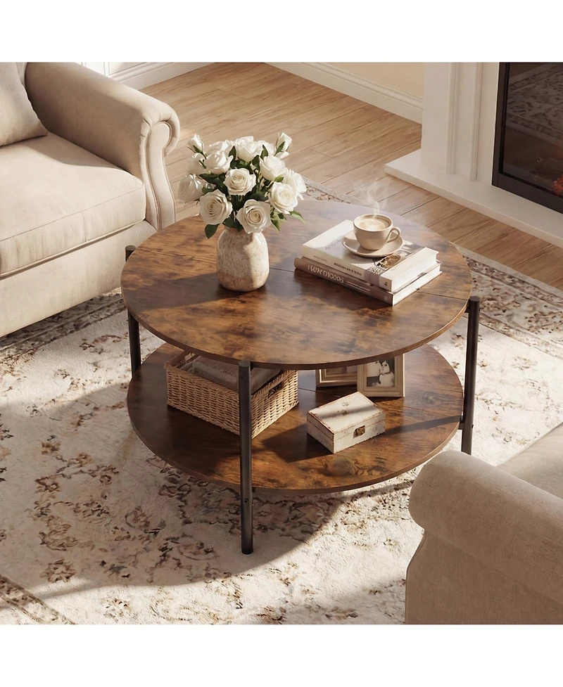 Gymax Round Coffee Table with Open Storage Shelf Circle Cocktail Table for Living Rooms