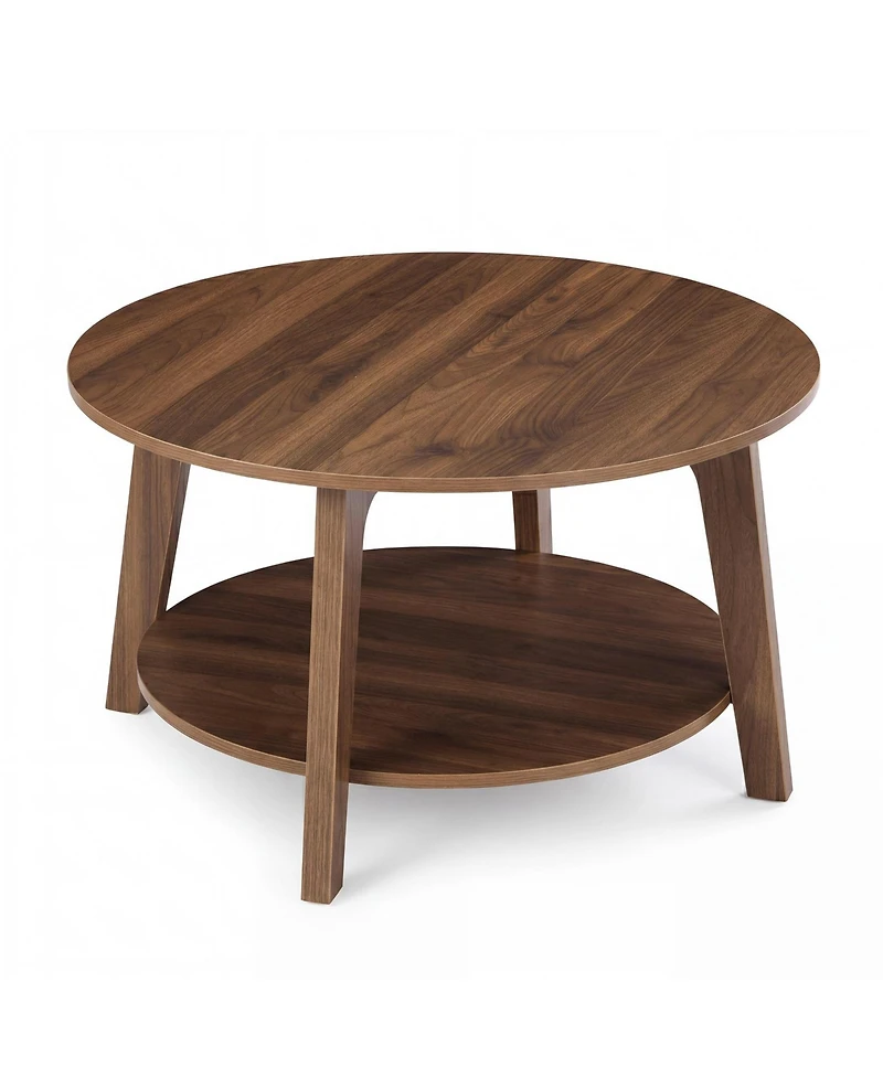 homfan Round Coffee Table with Storage, 2-Tier Modern Circle Accent Table, 31.5" x 17.7" Wooden Coffee Table with Curved Legs