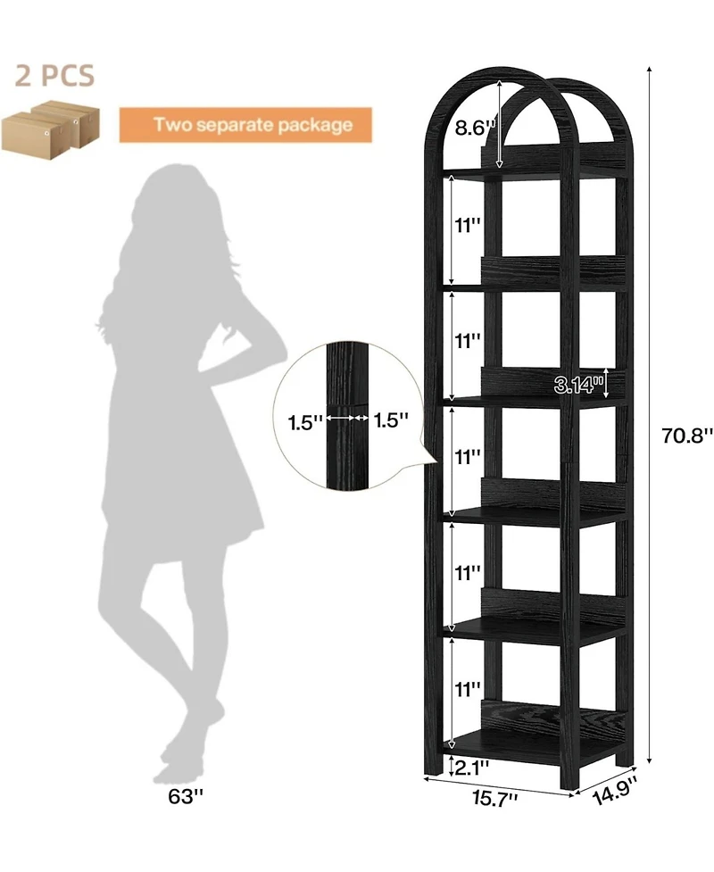 Tribesigns 71" Tall Arched Bookshelf, Skinny Wooden Display Shelf Open Storage Rack for Living Room, Home Office, Bathroom, Kitchen, 2 pieces