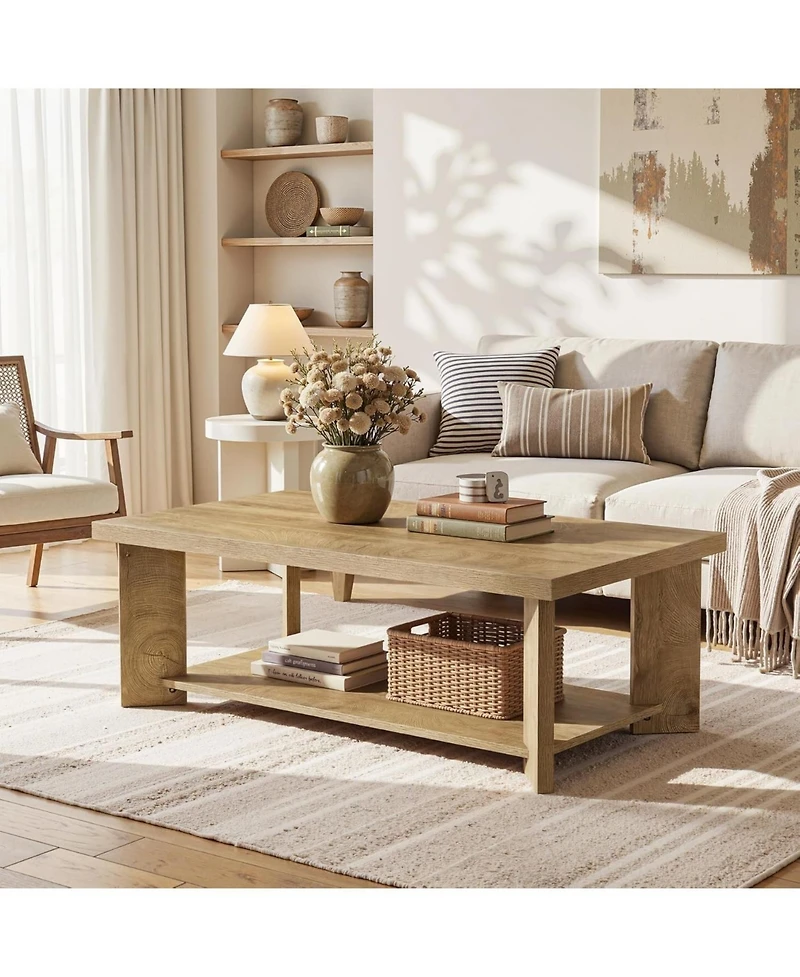 Tribesigns 47-Inch Coffee Table for Living Room, Farmhouse Rectangle Center Cocktail Table with Storage Shelves, Rustic Wooden Accent Tea Furniture