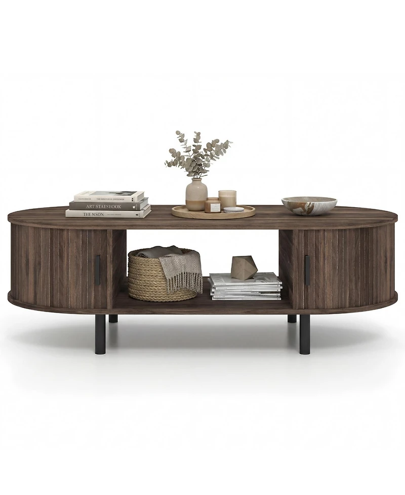 Slickblue Modern Wooden Oval Coffee Table with Storage Space for Living Area-Walnut