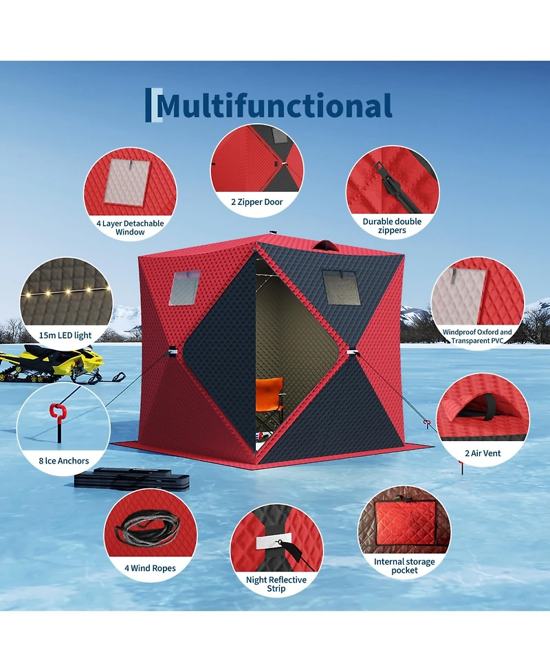 homfan 142 x 71 78 Inch Ice Fishing Shelter with Led Lights, Insulated Winter Tent Double Zipper Doors for Lake