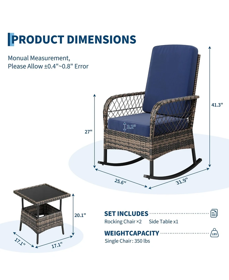 3-Piece Patio Sofa Set, Wicker Rockers with High Back and Side Table, Removable Thick Cushions, Smooth Gliding, For Porch, Garden, Balcony, Poolside