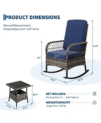 3-Piece Patio Sofa Set, Wicker Rockers with High Back and Side Table, Removable Thick Cushions, Smooth Gliding, For Porch, Garden, Balcony, Poolside