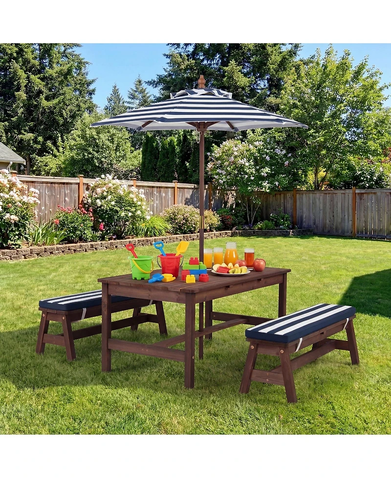 Gymax Kids Picnic Table Outdoor Wooden Table and Bench Set with Removable Umbrella