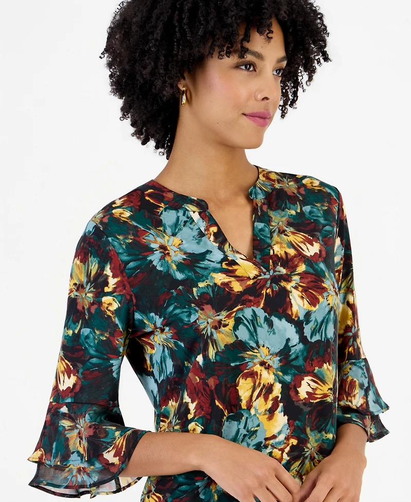 Kasper Petite Split Neck Floral-Print 3/4-Length Flutter-Sleeve Tunic