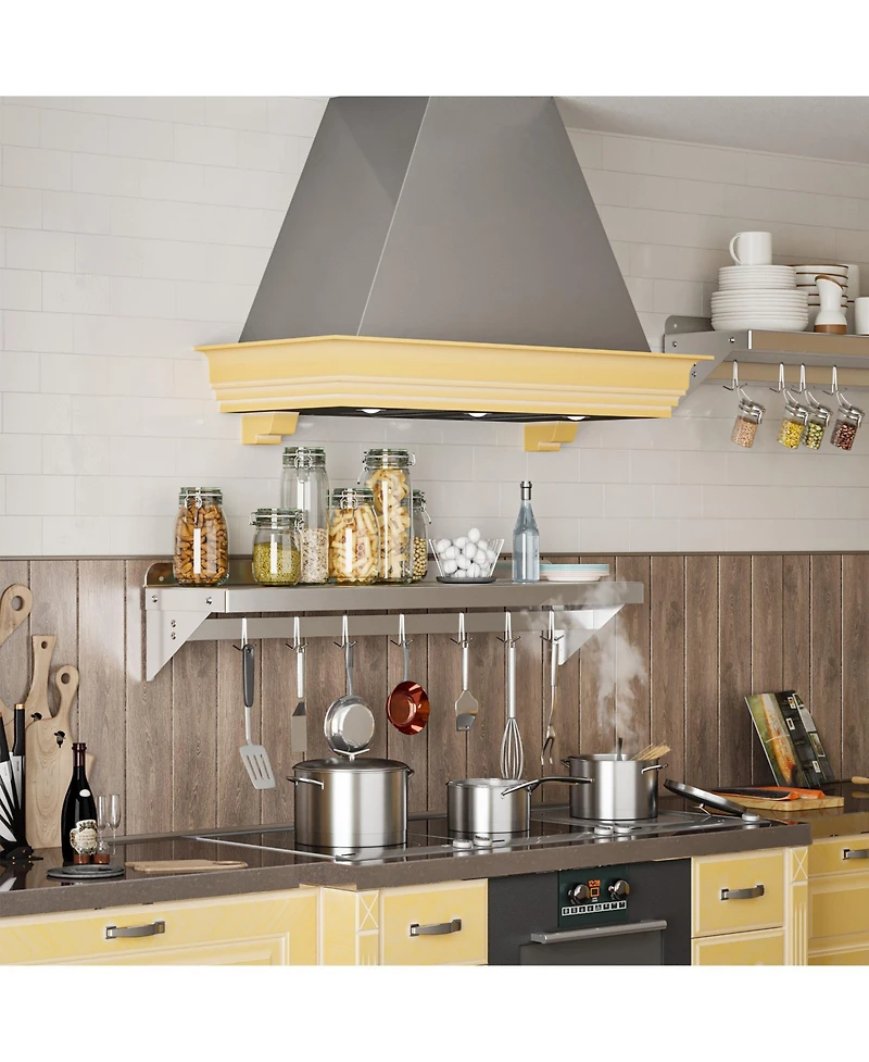 Wall Mounted Shelf, 48 Inch Stainless Steel Floating Shelf with 7 Hooks for Kitchen or Pantry