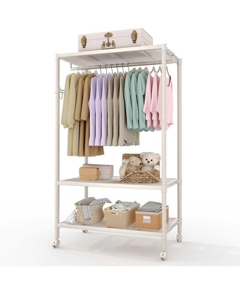 Rolling Clothes Racks with Shelves, 70" H Metal Garment Racks for Hanging Dresses Coats, Portable Wardrobe Closet with Hooksand Wheels, Easy Assembly