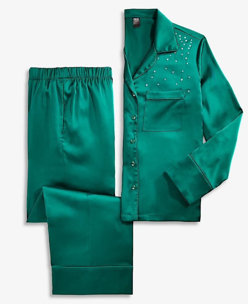 I.n.c. International Concepts Women's Diamonte Satin Long Pajama Set, Created for Macy's