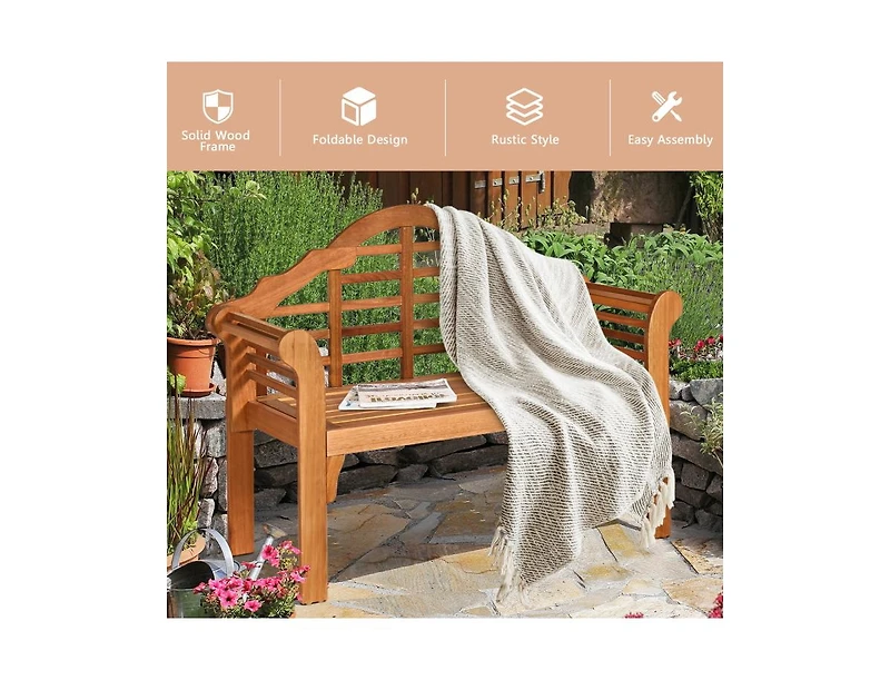Mondawe 49 Inch Eucalyptus Wood Outdoor Folding Bench with Backrest Armrest for Patio Garden