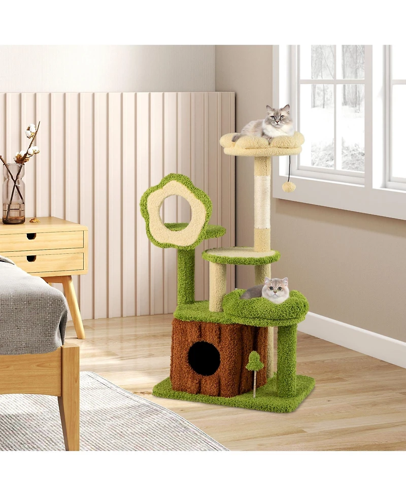 Gymax Cat Tree Tower with Perch Condo Platforms Hanging Toy Spring Ball for Indoors