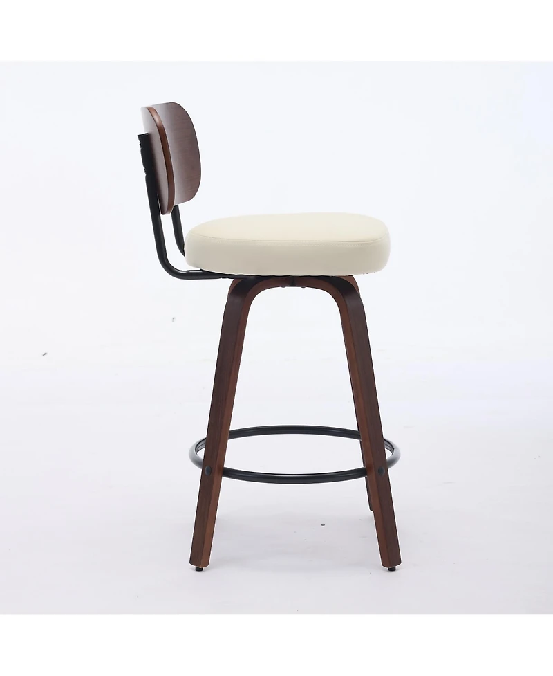 Clihome Swivel Bar Stools Set of 2, 26" Upholstered Faux Leather Counter Height Barstools with Walnut Back and Bentwood Legs,Counter