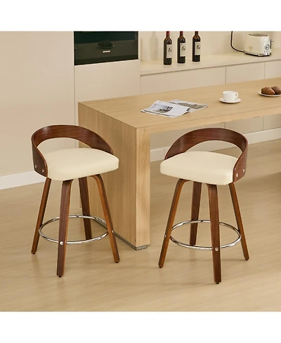 Clihome Bar Stools Set of 2, Swivel Height with Low Back, Wood Chairs Soft Cushion Seat, 25-Inch Seat