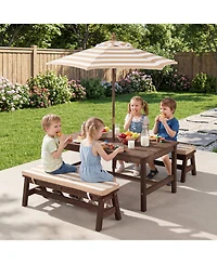 Gymax Kids Picnic Table Outdoor Wooden Table and Bench Set with Removable Umbrella