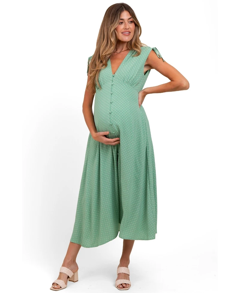 Pinkblush Maternity Green Button-Down Polka Dot Shirred Bow Midi Dress