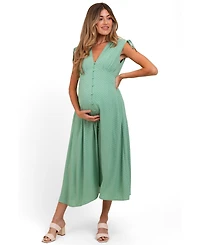Pinkblush Maternity Green Button-Down Polka Dot Shirred Bow Midi Dress