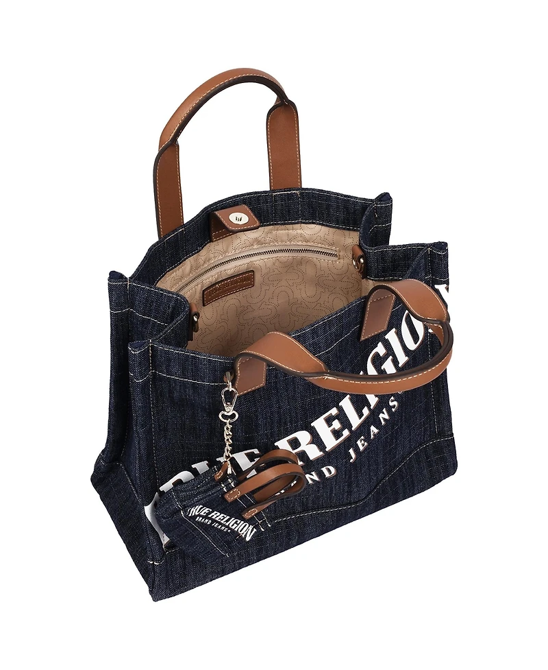 True Religion Women's Logo Denim Tote with Tote Dangle Charm