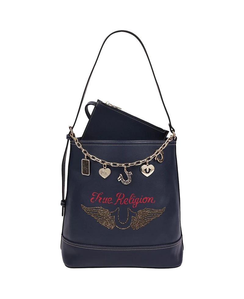 True Religion Chain Moto Pu Bucket Bag with Charm Chain and Removable Zip Pouch