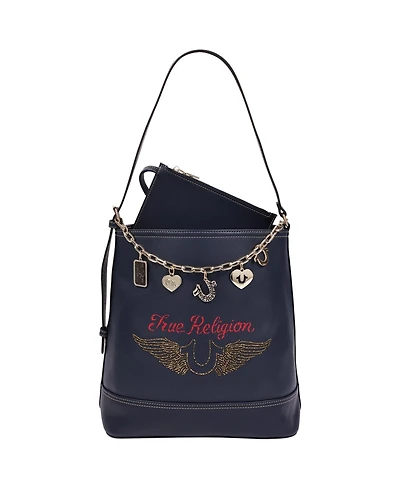 True Religion Chain Moto Pu Bucket Bag with Charm Chain and Removable Zip Pouch