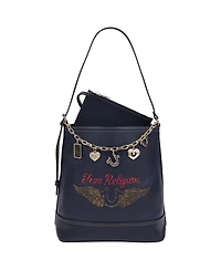 True Religion Chain Moto Pu Bucket Bag with Charm Chain and Removable Zip Pouch