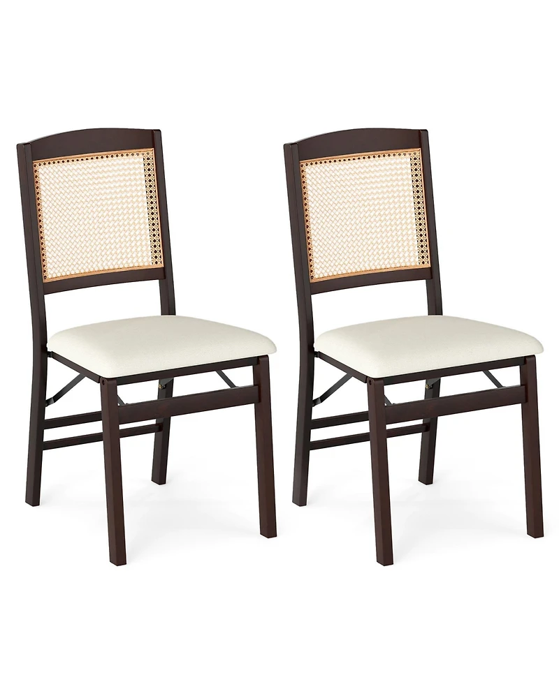 Gymax Folding Dining Chairs Set of 2 w/Linen Padded Seat and Rattan Backrest for Kitchen