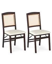 Gymax Folding Dining Chairs Set of 2 w/Linen Padded Seat and Rattan Backrest for Kitchen