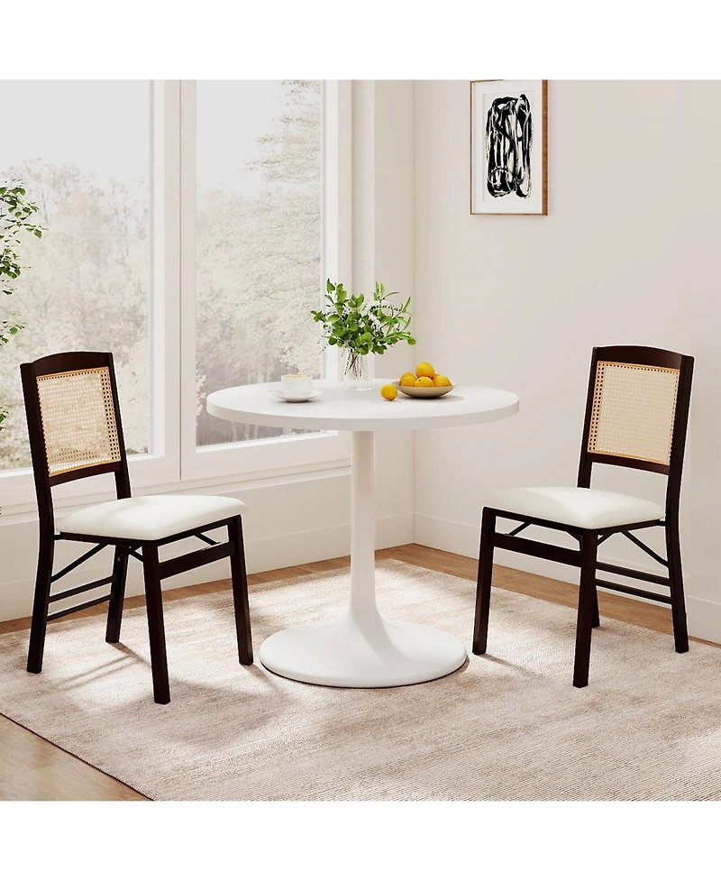 Gymax Folding Dining Chairs Set of 2 w/Linen Padded Seat and Rattan Backrest for Kitchen
