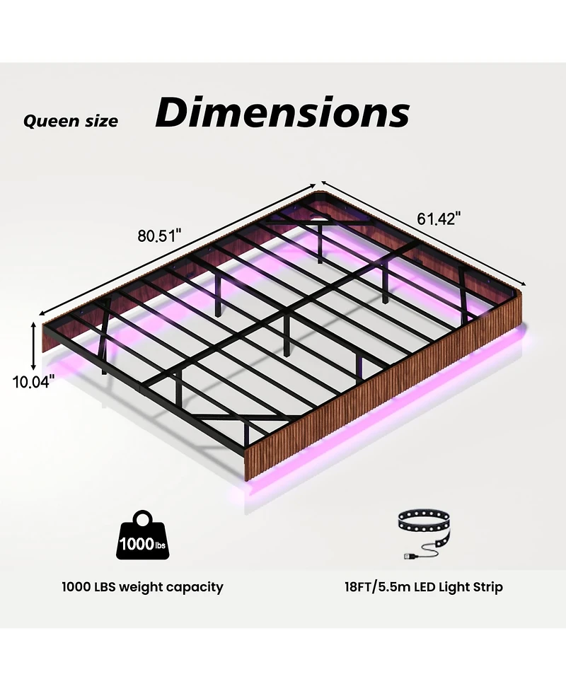 Rainsken Floating Bed Frame with Led Lights, Fluted Wave Curve Wood Frame, Heavy Duty Metal Slats - No Box Spring Needed