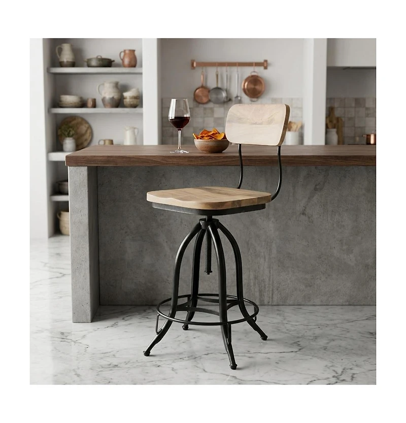 HomeRoots Solid Wood and Steel Counter Height Swivel Bar Chair