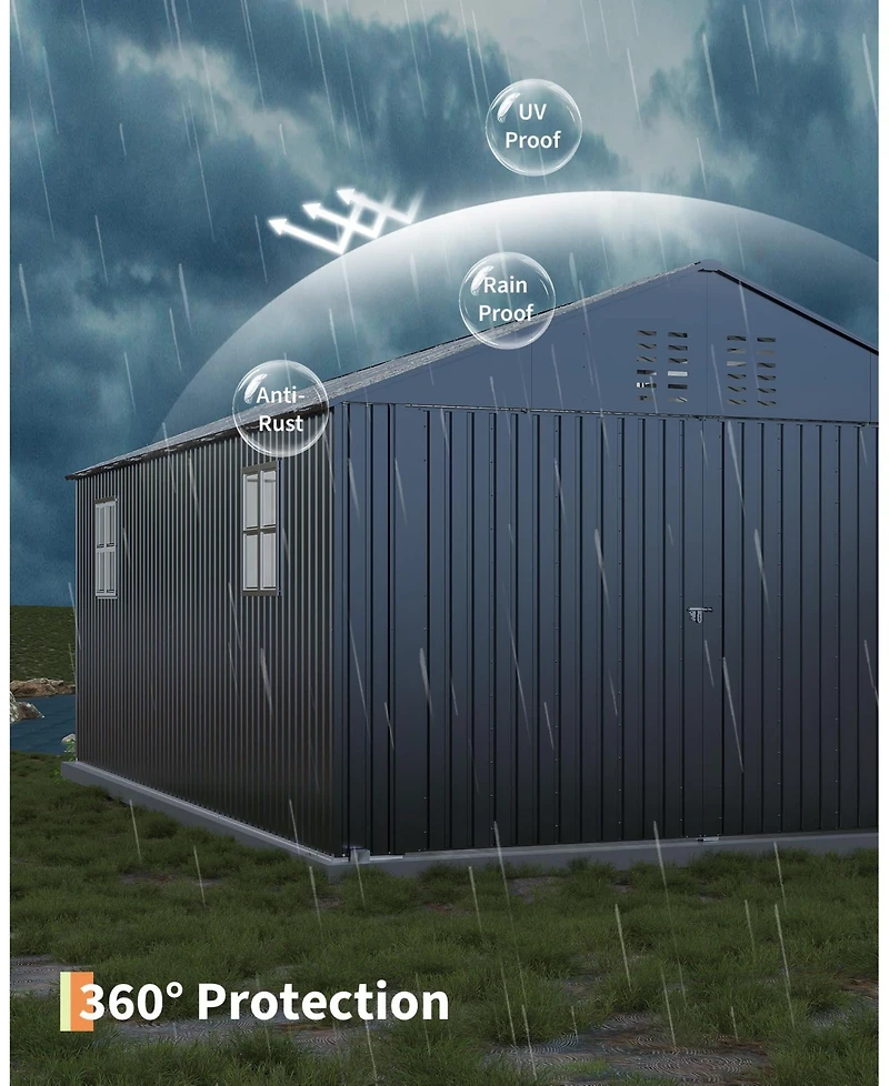Homfan Fully Enclosed Iron Carport with Double Hinge Doors and 4 Skylight Windows, Heavy Duty Garage Shelter