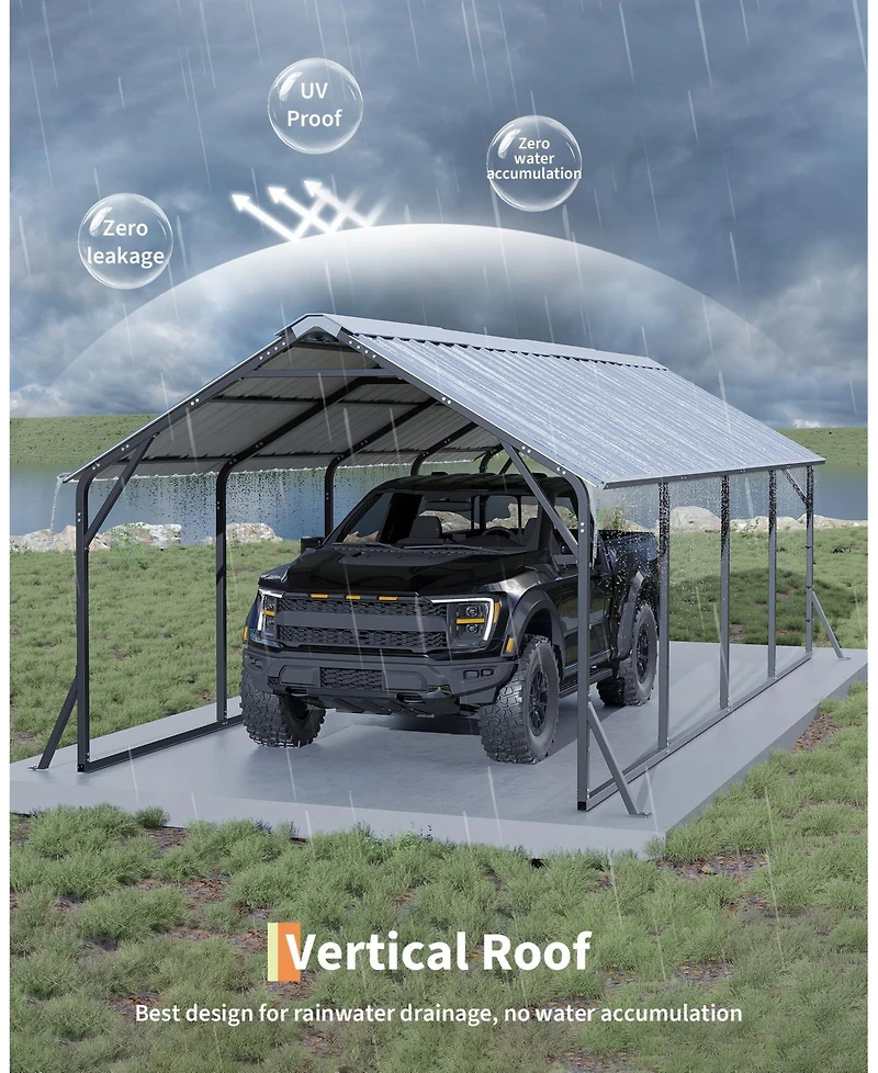 homfan Iron Vertical Rib Carport for Cars Trucks, Heavy Duty Outdoor Metal Vehicle Shelter with Steel Roof